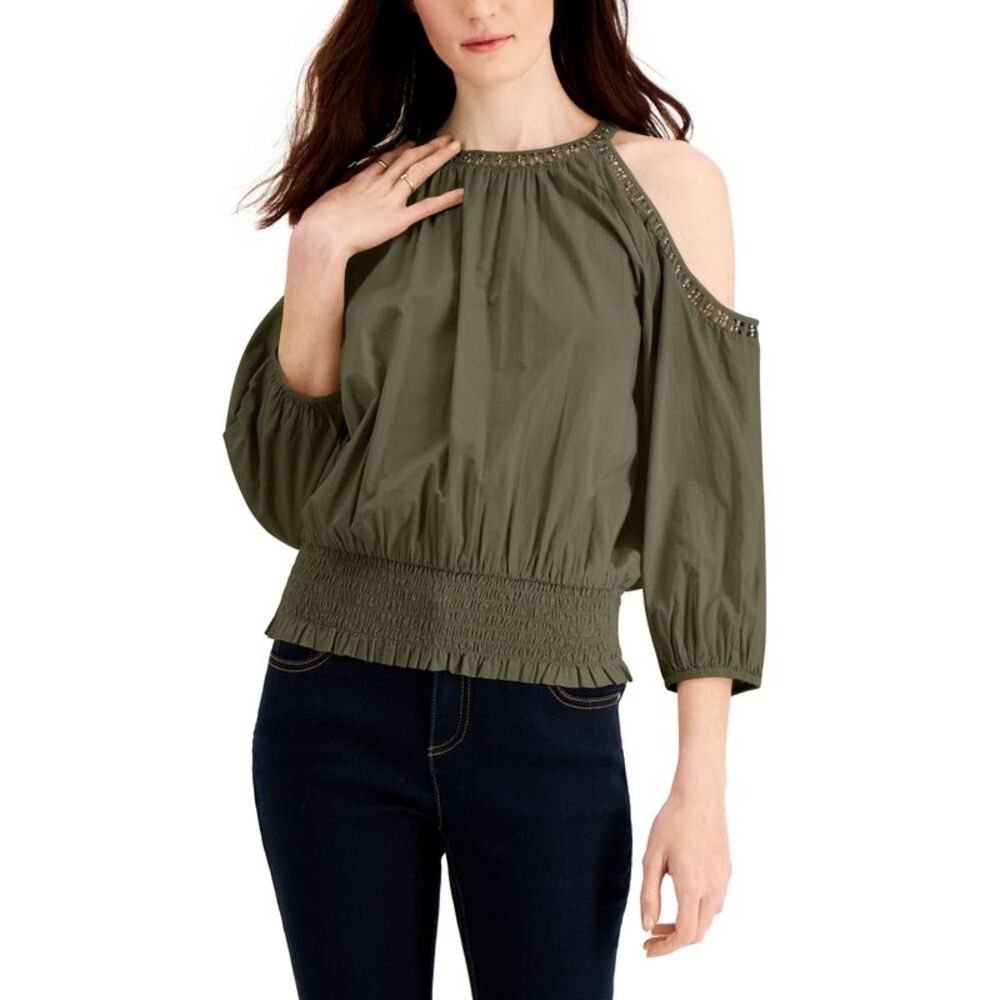 INC International Concepts Crochet Cold Shoulder Smocked Hem Top